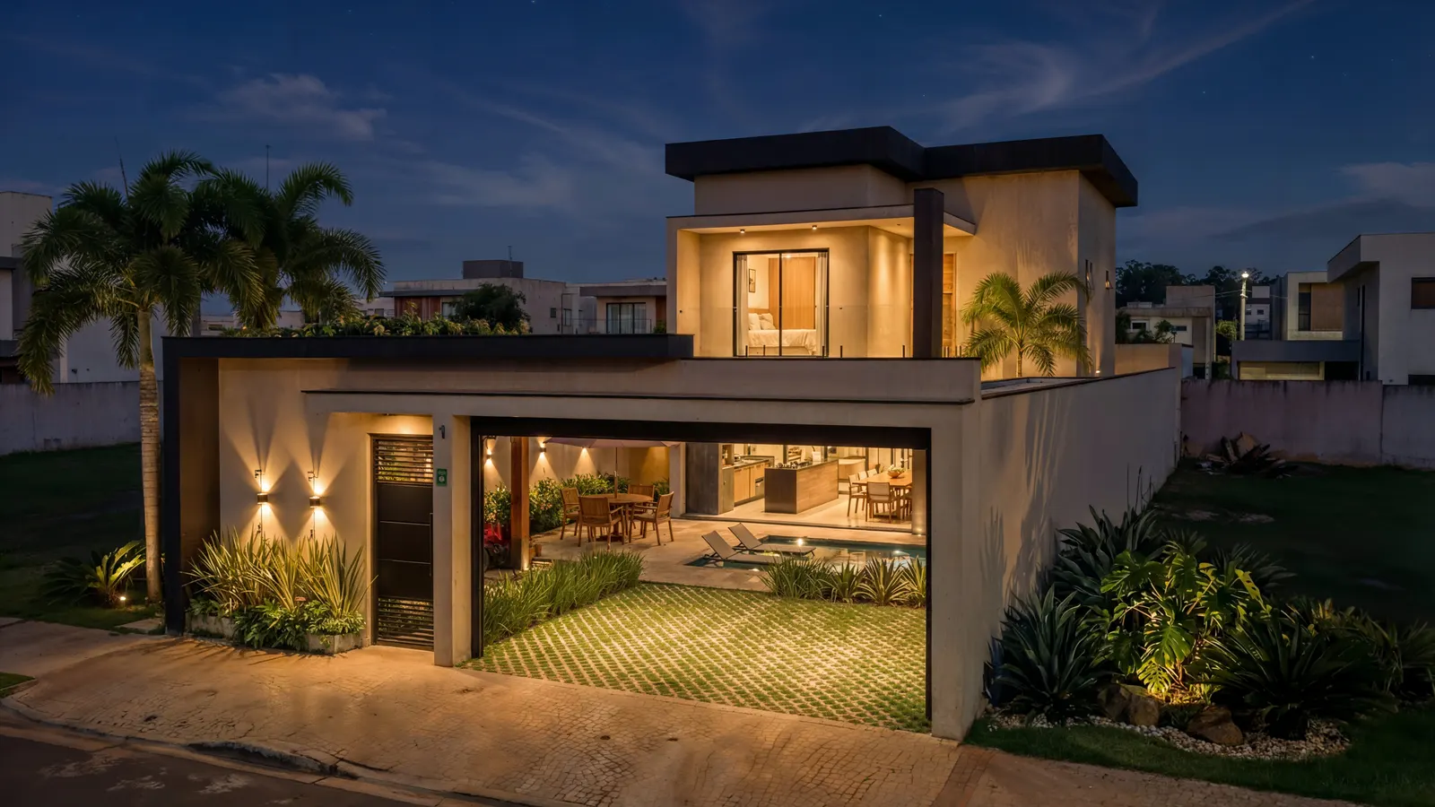 Render noturno da mesma fachada, com a garagem e o interior acesos