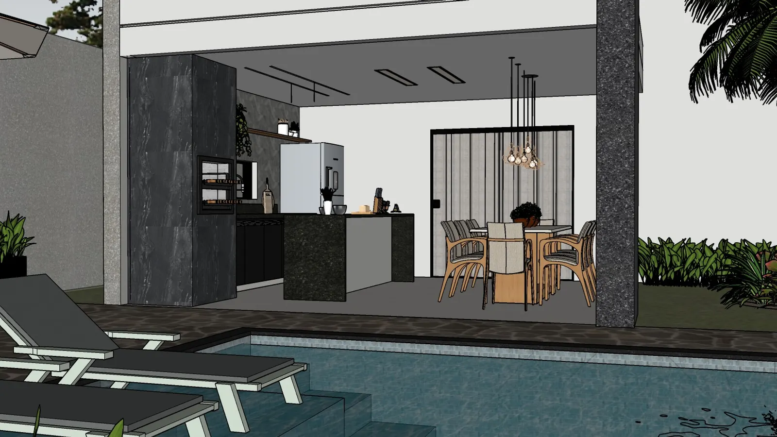Modelo tridimensional sem acabamento da área gourmet, visto da piscina