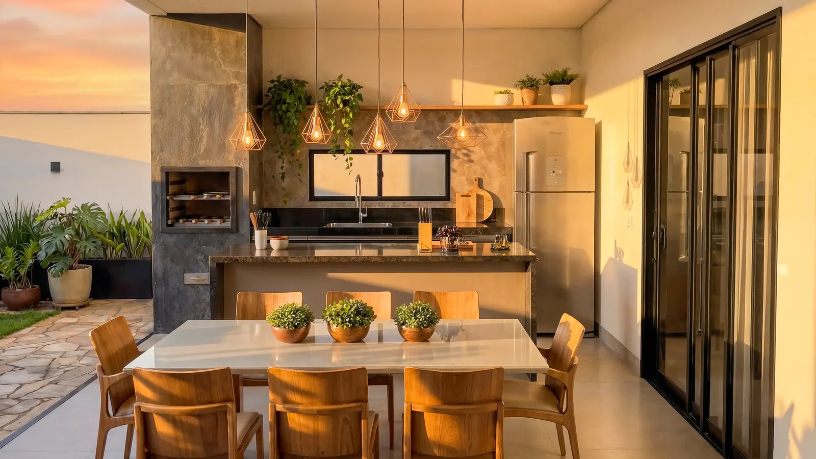 Render da área gourmet ao entardecer, com a mesa posta e a churrasqueira